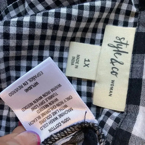 Style &Co Womens 1X Button Up Shirt Black White Gingham Light Cotton Westerncore - Picture 4 of 9